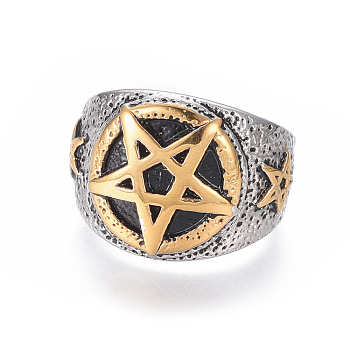 304 Stainless Steel Wide Band Rings, Pentacle, Antique Silver & Antique Golden, Size 7~12, 17~22mm