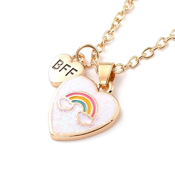 BFF/Best Friends Forever Alloy Pendant Necklaces, Enamel Glitter Powder Heart & Rainbow Necklace, Golden, Pink, 18.18 inch(46.2cm), 1.7mm
