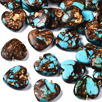 Assembled Bronzite and Synthetic Turquoise Pendants, with Iron Findings, Heart, Golden, 20~22x19~20x5~7mm, Hole: 2mm