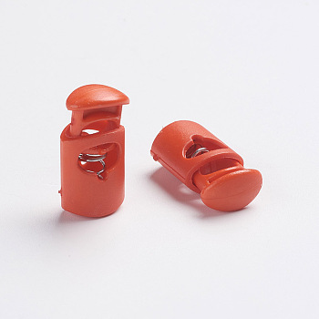 Plastic Spring Cord Locks, 1-Hole, Tomato, 27~28x14x9mm, Hole: 3x7.5mm
