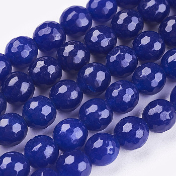 Natural White Jade Gemstone Beads, Faceted Round, Blue, about 8mm in diameter, hole: 1mm, 49 pcs/Strand, Dyed, 15.5 inch