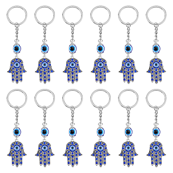 12Pcs Hamsa Hand with Evil Eye Alloy Rhinestones Keychains, with Resin Beads, for Women Bag Car Key Decoration, Platinum, 11.6x2.9cm