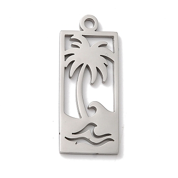 Non-Tarnish 304 Stainless Steel Pendants, Laser Cut, Rectangle with Coconut Tree & Sea Wave Charm, Stainless Steel Color, 26x10.5x1mm, Hole: 1.5mm