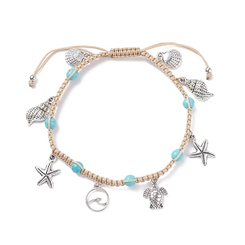 Synthetic Turquoise Braided Bead Anklet, Tortoise & Starfish & Shell Alloy Charm Adjustable Anklet for Women, Antique Silver, Inner Diameter: 2-3/4~3-3/8 inch(6.9~8.6cm)
