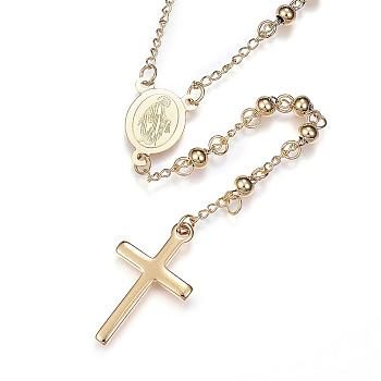 304 Stainless Steel Rosary Bead Necklaces, with Cross Pendant and Lobster Claw Clasps, Golden, 25.6 inch(65cm)