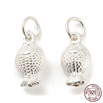 925 Sterling Silver Pendants, with Jump Rings, Fish Charms, Silver, 13x6.5x4mm, Hole: 4mm