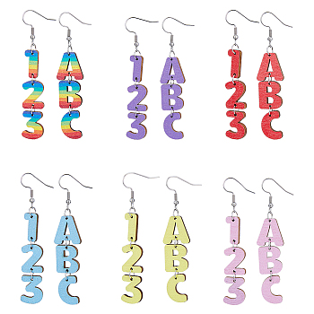 6 Sets 6 Colors Wood Dangle Earrings with Iron Pins, Letter & Number Asymmetrical Earrings, Mixed Color, 75x16mm, 1 Set/color