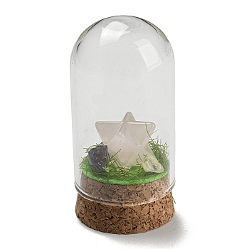 Natural Rose Quartz Polygon Display Decoration with Glass Dome Cloche Cover, Cork Base Bell Jar Ornaments for Home Decoration, 30x60mm