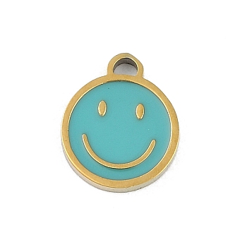 304 Stainless Steel Enamel Charms, Smiling Face Charms, Real 18K Gold Plated, Ion Plating(IP), Dark Turquoise, 9x8x1mm, Hole: 0.6mm