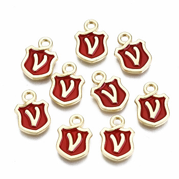 Alloy Enamel Charms, Cadmium Free & Lead Free, Shield with Initial Letters, Light Gold, Letter.V, 14x10x2mm, Hole: 2mm