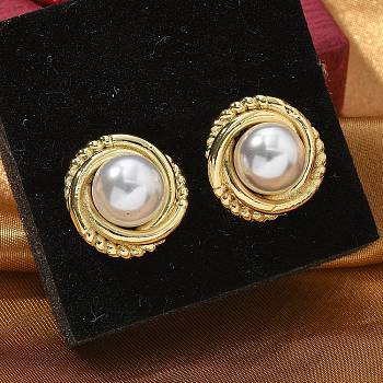 Brass Stud Earrings, with ABS Imitation Pearl, Lead Free & Cadmium Free, Long-Lasting Plated, Rack Plating, Half Round, Real 18K Gold Plated, 17x17mm