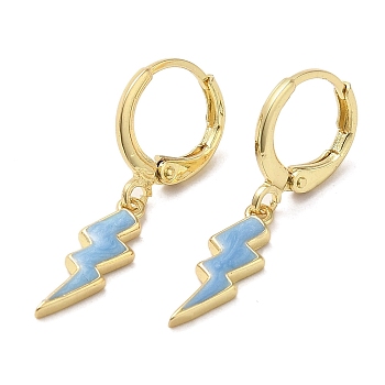 Lightning Bolt Real 18K Gold Plated Brass Dangle Leverback Earrings, with Enamel, Steel Blue, 29x5.5mm