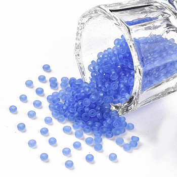 12/0 Grade A Round Glass Seed Beads, Transparent Frosted Style, Royal Blue, 2x1.5mm, Hole: 0.8mm, 30000pcs/bag