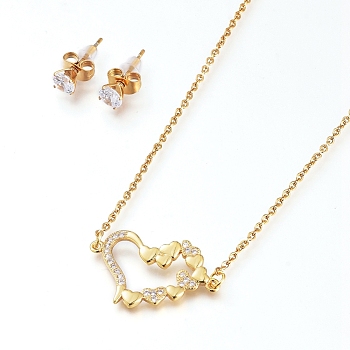 Brass Cubic Zirconia Pendant Necklace & Stud Earring Jeweley Sets, with 304 Stainless Steel Cable Chains, Lobster Claw Clasps and Ear Nuts, Heart, for Valentine's Day, Clear, Golden, 17.51 inch(44.5cm), 5mm, Pin: 0.7mm