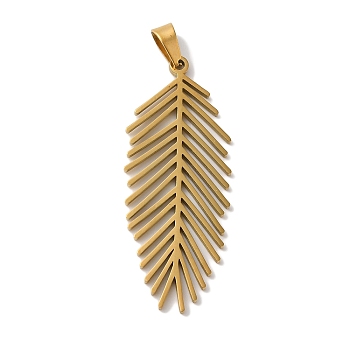 304 Stainless Steel Pendants, Laser Cut, Leaf Charm, Real 18K Gold Plated, 39x15x1mm, Hole: 6x3mm