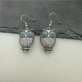 Bohemian Vintage Owl Ear Dangle Earrings, Light Blue, show in picture