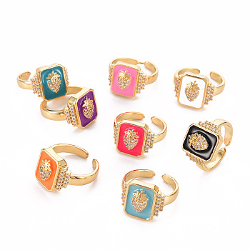 Brass Micro Pave Cubic Zirconia Wide Band Rings, Open Rings, with Enamel, Cadmium Free & Nickel Free & Lead Free, Rectangle with Strawberry, Real 16K Gold Plated, Mixed Color, US Size 8, Inner Diameter: 18mm