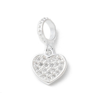 925 Sterling Silver Clear Cubic Zirconia Heart European Dangle Charms, Large Hole Pendants, with 925 Stamp, Silver, 15.8mm, Hole: 4.2mm