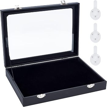 Velvet Jewelry Presentation Boxs, with Clear Glass Windows and Plastic Non-trace Nails, for Medals, Necklaces, Earrings, Coins Storage, Rectangle, Black, 28x20x4.85cm, Inner Size: 26.5x18.5cm