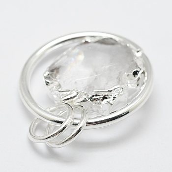 Natural Quartz Crystal Links connectors, with Jump Rings and Brass Findings, Flat Round, Silver Color Plated, 30x6~8mm, Hole: 8mm