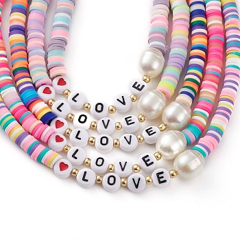 Valentine's Day Rainbow Polymer Clay Heishi Beaded Necklaces, with Acrylic Beads, Glass Seed Beads and Alloy Lobster Claw Clasps, Word Love, Platinum, Mixed Color, 15.35 inch(39cm)