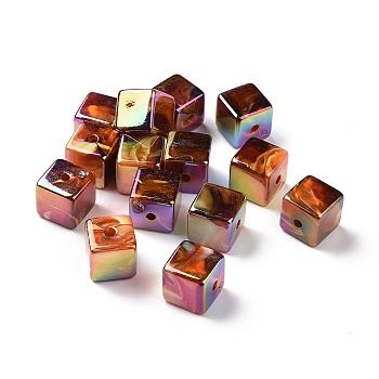 UV Plating Rainbow Iridescent Acrylic Beads, with Gold Foil, Cube, Sienna, 16x16x16mm, Hole: 3mm