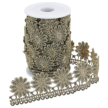 7.5 Yards Metallic Yarn Ribbons, Flower Pattern, with 1Pc Plastic Empty Spools, Dark Khaki, Ribbon: 1-1/2 inch(38mm)
