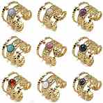 Natural & Synthetic Gemstone Finger Rings, 304 Stainless Steel Multi-layer Open Cuff Rings Ion Plating(IP), Real 18K Gold Plated, 19.5mm, Adjustable(RJEW-U027-03G)