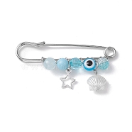 Evil Eye Resin Alloy Star Charm Brooch Pin, Iron Safety Kilt Pin for Sweater Shaw, Light Bluel, Platinum, 33x65.5x7.5mm(JEWB-BR00154)