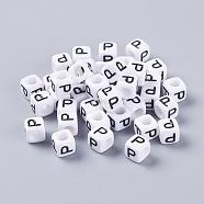 Acrylic Horizontal Hole Letter Beads, Cube, White, Letter P, Size: about 6mm wide, 6mm long, 6mm high, hole: about 3.2mm, about 2600pcs/500g(PL37C9308-P)