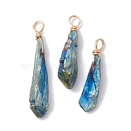 Electroplated Natural Quartz Crystal Dyed Pendants, Teardrop Charms with Golden Plated Copper Wire Loops, Blue, 34~37x6~10.5x6~9.5mm, Hole: 3.5mm(PALLOY-JF02325-05)