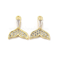 Brass Micro Pave Clear Cubic Zirconia Charms, with Glass, Fishtail Shape, Real 18K Gold Plated, 12x9x1.5mm, Hole: 1mm(KK-H460-34G)