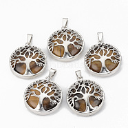 Natural Tiger Eye Pendants, with Brass Findings, Flat Round with Tree of Life, Platinum, 30.5x27x8mm, Hole: 7x3mm(G-S292-10E-P)