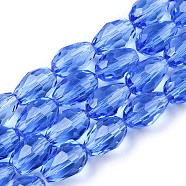 Glass Beads Strands, Faceted, Drop, Royal Blue, 11x8mm, Hole: 1mm, about 57~59pcs/strand, 26.38~26.77 inch(GLAA-R024-11x8mm-8)