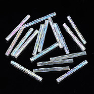 Transparent Glass Bugle Beads, Round Hole, Clear AB, 25~26x2.5mm, Hole: 1mm, about 1500pcs/bag(SEED-T005-15-A02)