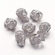 Brass Skull Beads, 3-Hole, Nickel Free, Platinum, 12x8x8mm, Hole: 4mm(KK-K093-06P-NF)