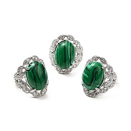 Synthetic Malachite Adjustable Rings, Platinum Tone Oval Brass Rings for Women, Cadmium Free & Lead Free, US Size 7 3/4(17.9mm), 3.5~5mm(RJEW-P043-04P-18)