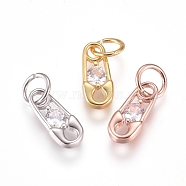 Brass Charms, with Cubic Zirconia and Jump Rings, Safety Pin, Clear, Mixed Color, 10x4.5x2mm, Hole: 3.5mm(ZIRC-L070-72)