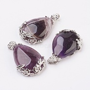 Natural Amethyst Pendants, with Alloy Pendant Findings, teardrop, Purple, 38x26x8mm, Hole: 5x4mm(G-Q689)