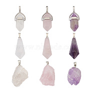 Jewelry 9Pcs 9 Styles Natural Gemstone Pendants, Natural Quartz Crystal & Amethyst & Rose Quartz, with Platinum Plated Brass Loops, Nuggets & Bullets, 20~50x10~38x8~18.5mm, 1pc/style(G-PJ0001-02)