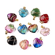 Lampwork Pendants, Copper Wire Wrapped Heart Charms, Golden, Mixed Color, 24x21x9mm, Hole: 4x6mm(GLAA-T023-05M)