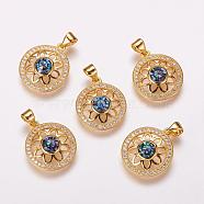 Brass Micro Pave Cubic Zirconia Pendants, with Freshwater Shell, Flat Round with Flower, Golden, 18.5x16x3.5mm, Hole: 3.5x5mm(ZIRC-F057-03A)