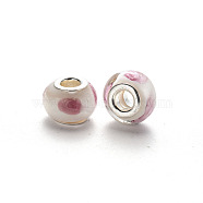 Handmade Lampwork European Beads, Large Hole Rondelle Beads, with Platinum Tone Brass Double Cores, with Petaline Pattern, Floral White, 14~16x9~10mm, Hole: 5mm(LPDL-N001-088-F10)