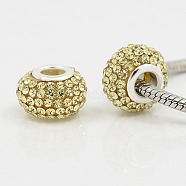 Grade A Rhinestone European Beads, Large Hole Beads, Resin, with Silver Color Plated Brass Core, Rondelle, Jonquil, 15x10mm, Hole: 5mm(CPDL-H001-2)
