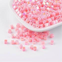 Eco-Friendly Poly Styrene Acrylic Beads, AB color, Cube, Pink, 4x4mm, Hole: 1mm, about 8000pcs/500g(PL337AB-2)