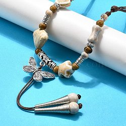 Ethnic Style Alloy & Porcelain Ceramic Beads Butterfly Pendant Tassel Y Necklaces, Adjustable Waxed Cord Necklaces, Bisque, 22.05 inch(56cm)~33.07 inch(84cm), pendant: 105x29mm(NJEW-D308-01D)