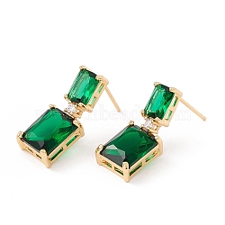 Dark Green Cubic Zirconia Rectangle Dangle Stud Earrings, Brass Jewelry for Women, Lead Free & Cadmium Free, Real 18K Gold Plated, 22mm, Pin: 0.8mm(X-KK-E005-16G)