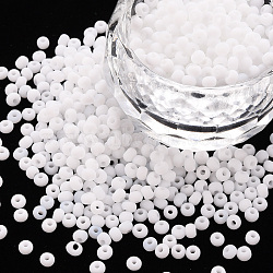 8/0 Opaque Glass Seed Beads, Round Hole, Frosted Colours, Round, White, 3~4x2~3mm, Hole: 0.8mm, about 15000pcs/Pound(SEED-S048-N-019)