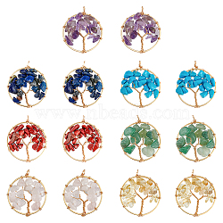 2 Sets Gemstone Copper Wire Wrapped Pendants, Synthetic Howlite, Natural Red Jasper & Aventurine & Lapis Lazuli & Rose Quartz & Amethyst & Citrine, Golden, Flat Round with Tree, 36.5~37.5x30x6~8.5mm, Hole: 3.2~3.5mm, 1pc/style, 7 styles, 7pcs/set(FIND-FH0005-04)