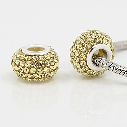 Grade A Rhinestone European Beads, Large Hole Beads, Resin, with Silver Color Plated Brass Core, Rondelle, Jonquil, 15x10mm, Hole: 5mm(CPDL-H001-2)
